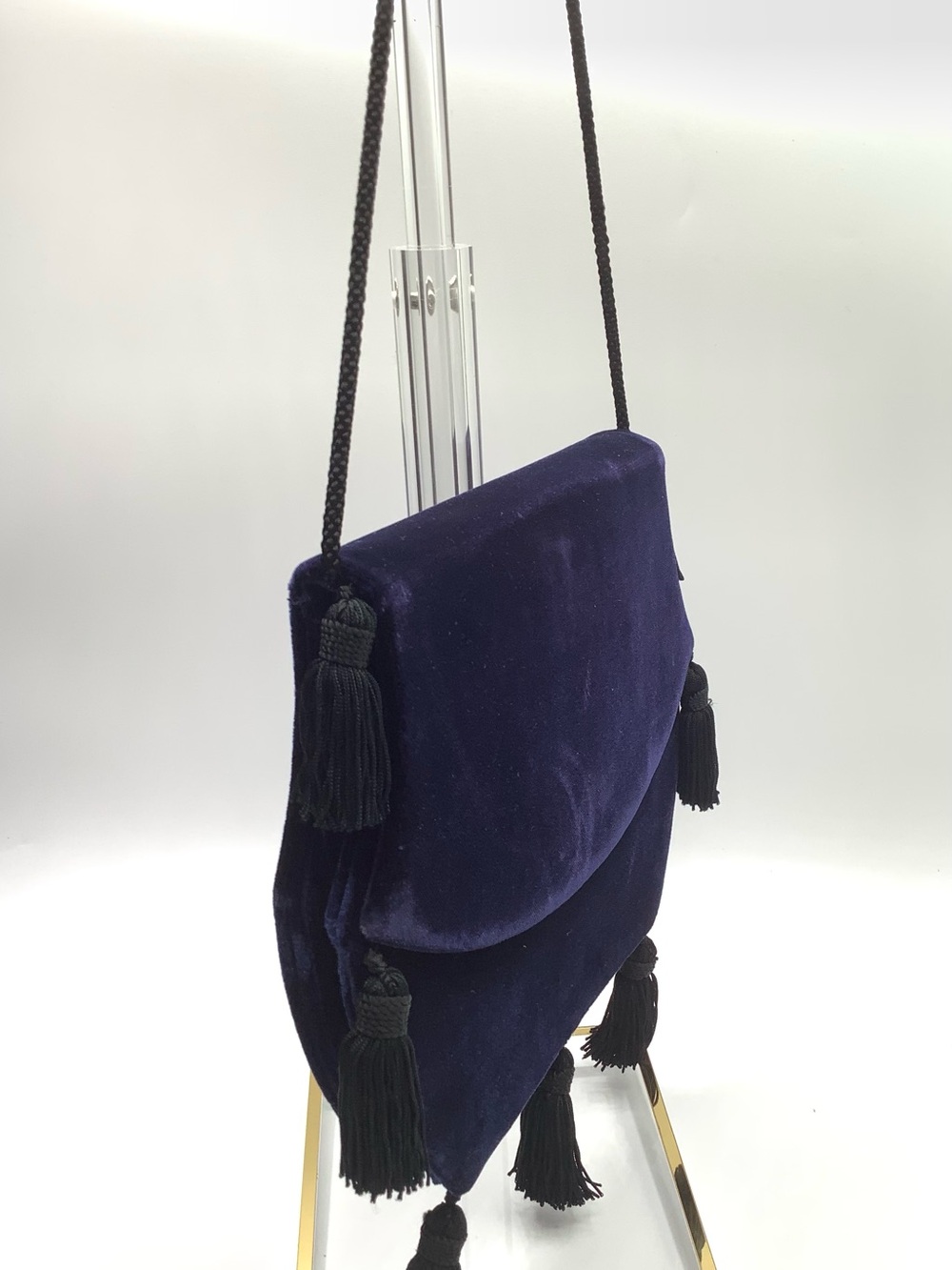 Yves Saint Laurent Blue Velvet Flap Bag with Black Tassels and Cord Strap - Picture 5 of 10